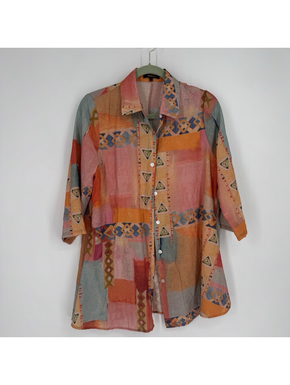 Radzoli top womens large L tunic blouse abstract geometric colorful longline 3/4